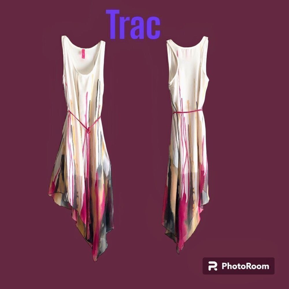 Trac Women’s Sleeveless Tank Watercolor Asymmetrical Dress with Belt Tassels Sma